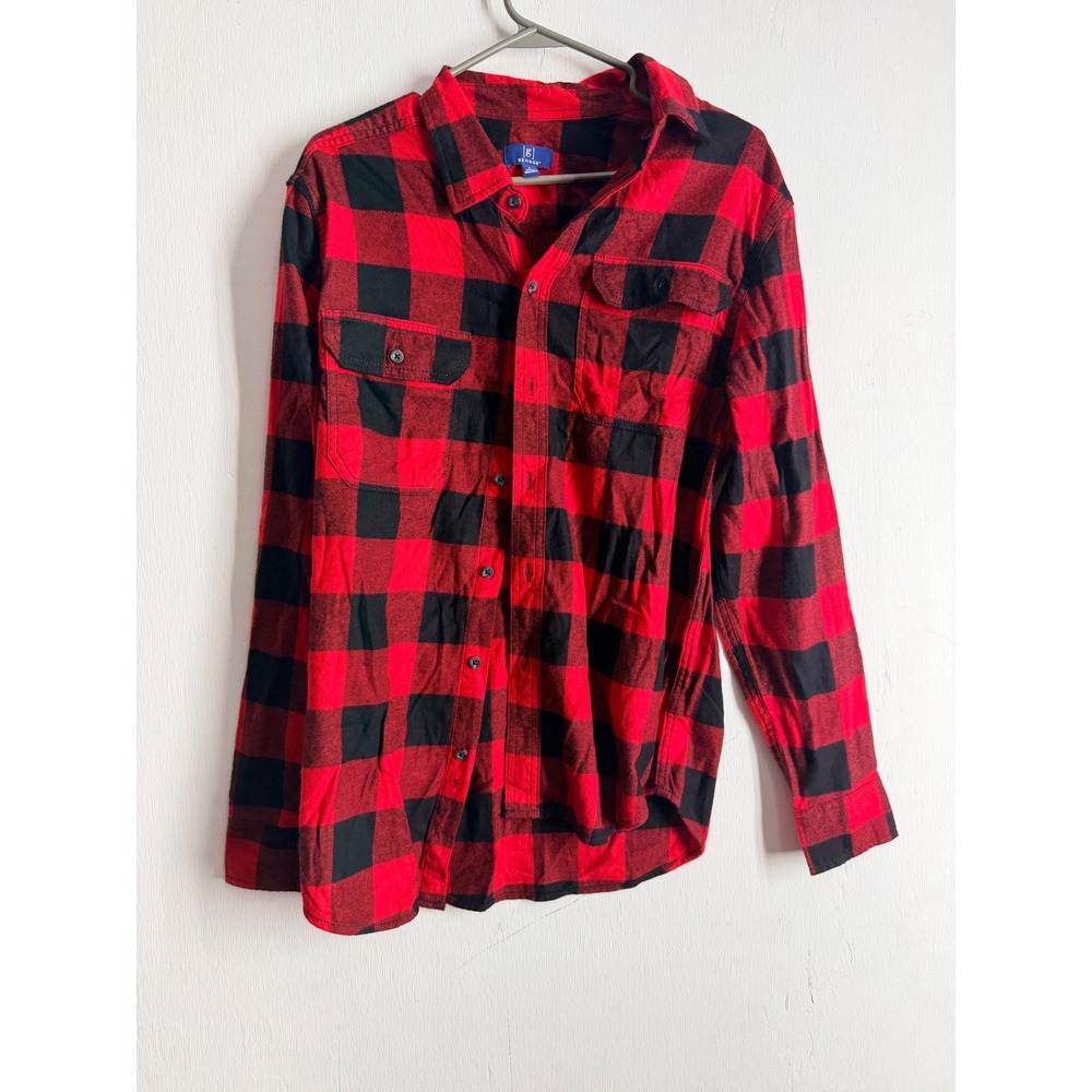 George Mens Red Black Buffalo Plaid Flannel Shirt Long Sleeve Button Down Small